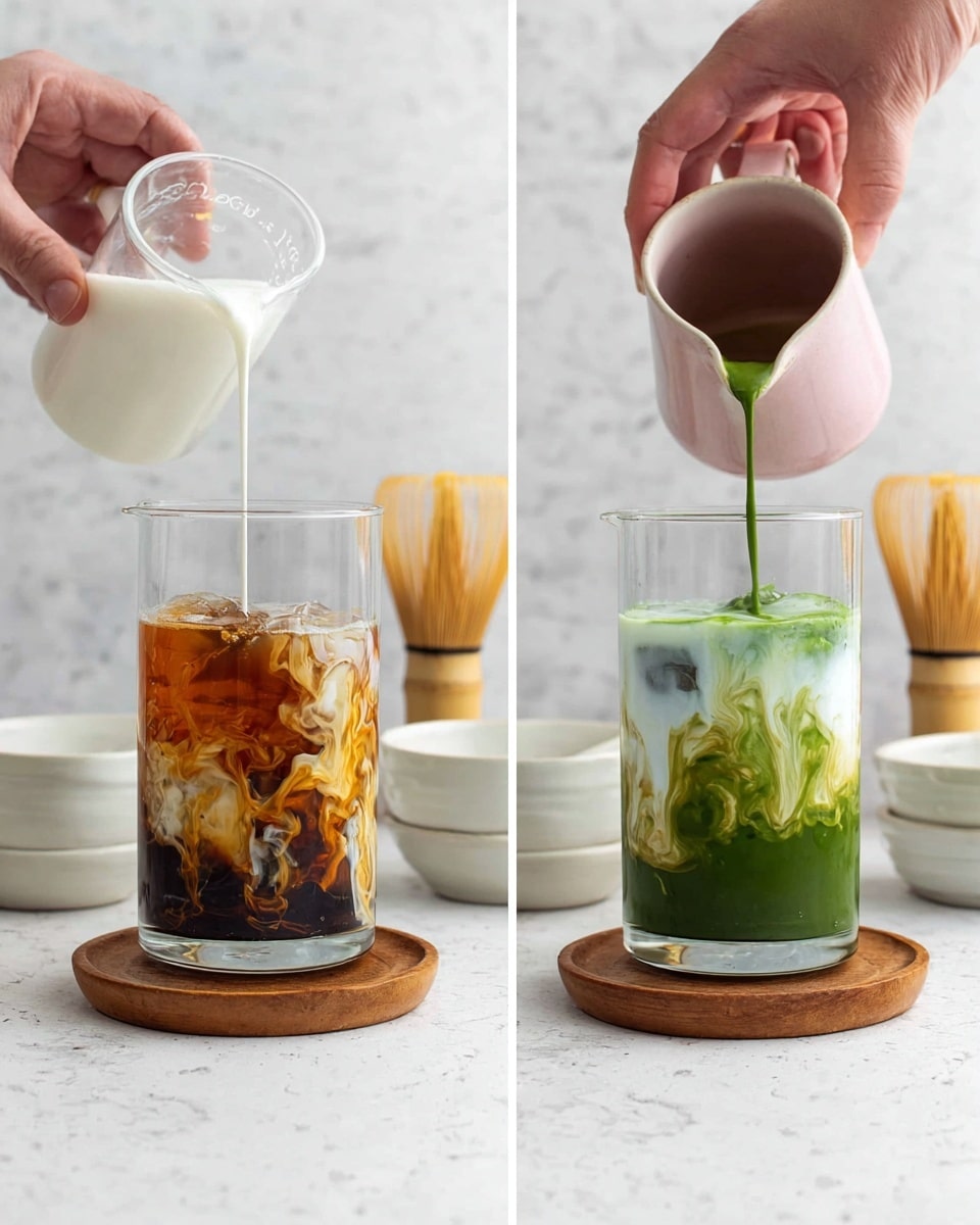 The image shows two side-by-side scenes of a clear cylindrical glass placed on a round wooden coaster, both on a white marbled surface. In the left scene, a woman's hand pours white milk from a small glass measuring cup into the glass filled with ice and dark brown liquid swirling around the bottom, creating a layered effect of dark amber and creamy white. In the right scene, a different woman's hand pours bright green matcha tea from a small pink bowl into the glass, layering on top of the white and dark brown liquid and ice, creating green swirls mixing with the brown and white. In the background, there are white ceramic bowls and containers, along with a bamboo matcha whisk against a softly textured white marbled surface. Photo taken with an iphone --ar 4:5 --v 7
