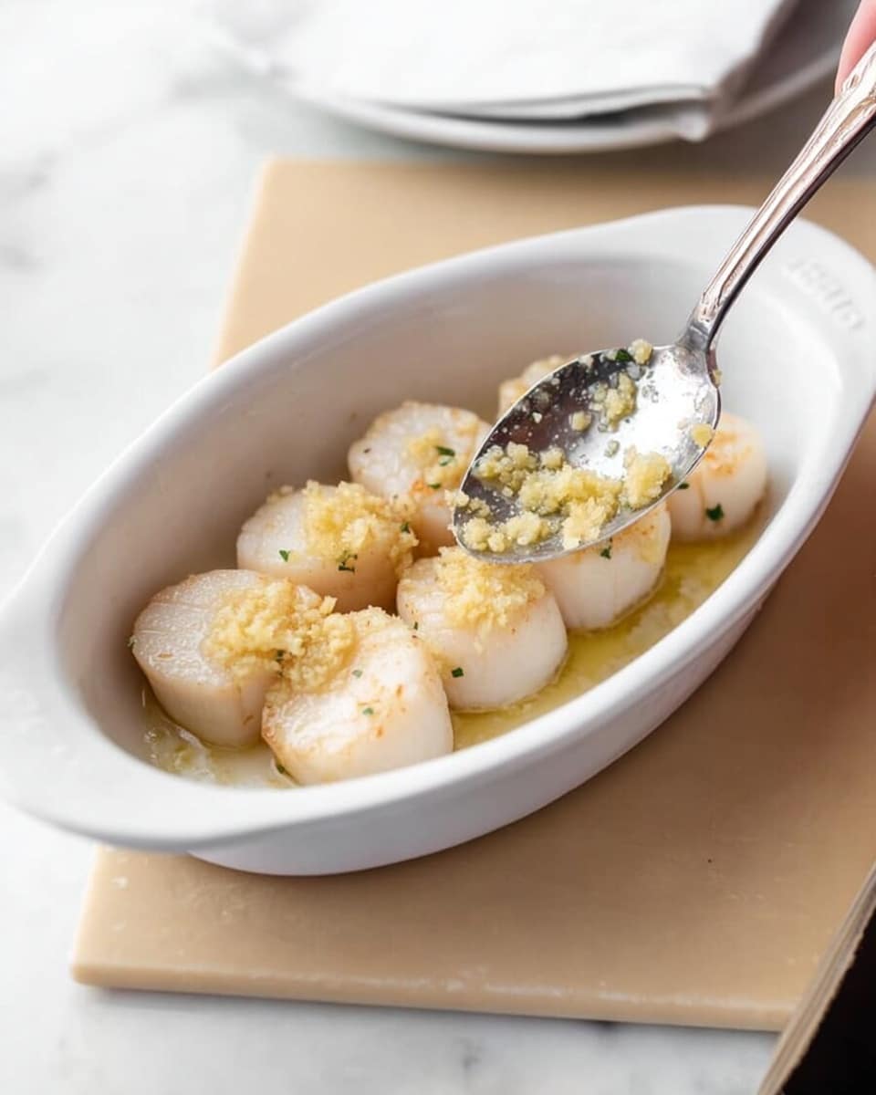 A white oval dish holds eight smooth, round scallops arranged close together in two rows with a spoon spreading small bits of pale yellow garlic butter mixture on top and between the scallops. The dish sits on a beige board with a white marbled surface underneath. A woman’s hand holds the spoon applying the butter mix gently on the scallops, giving a fresh and simple look to the seafood dish photo taken with an iphone --ar 4:5 --v 7