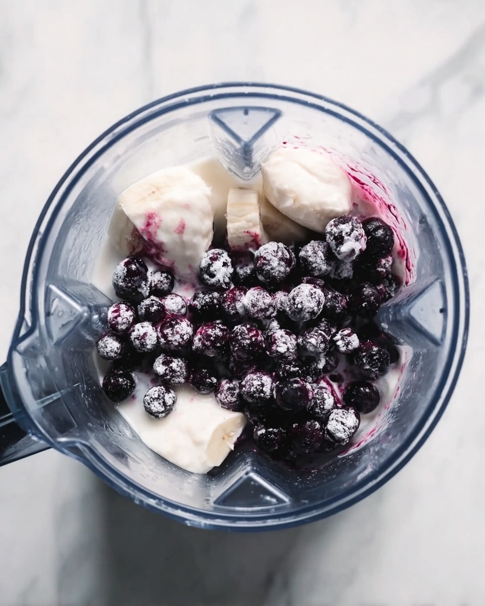 The image shows a clear blender container with layers of frozen ingredients inside. At the bottom, there are white frozen banana chunks with a smooth texture, followed by a layer of creamy white yogurt or milk. On top and mixed throughout are many dark purple and blue frozen blueberries, some coated lightly with the creamy layer. The blender is placed on a white marbled surface, and the overall look is fresh and ready for blending. photo taken with an iphone --ar 4:5 --v 7