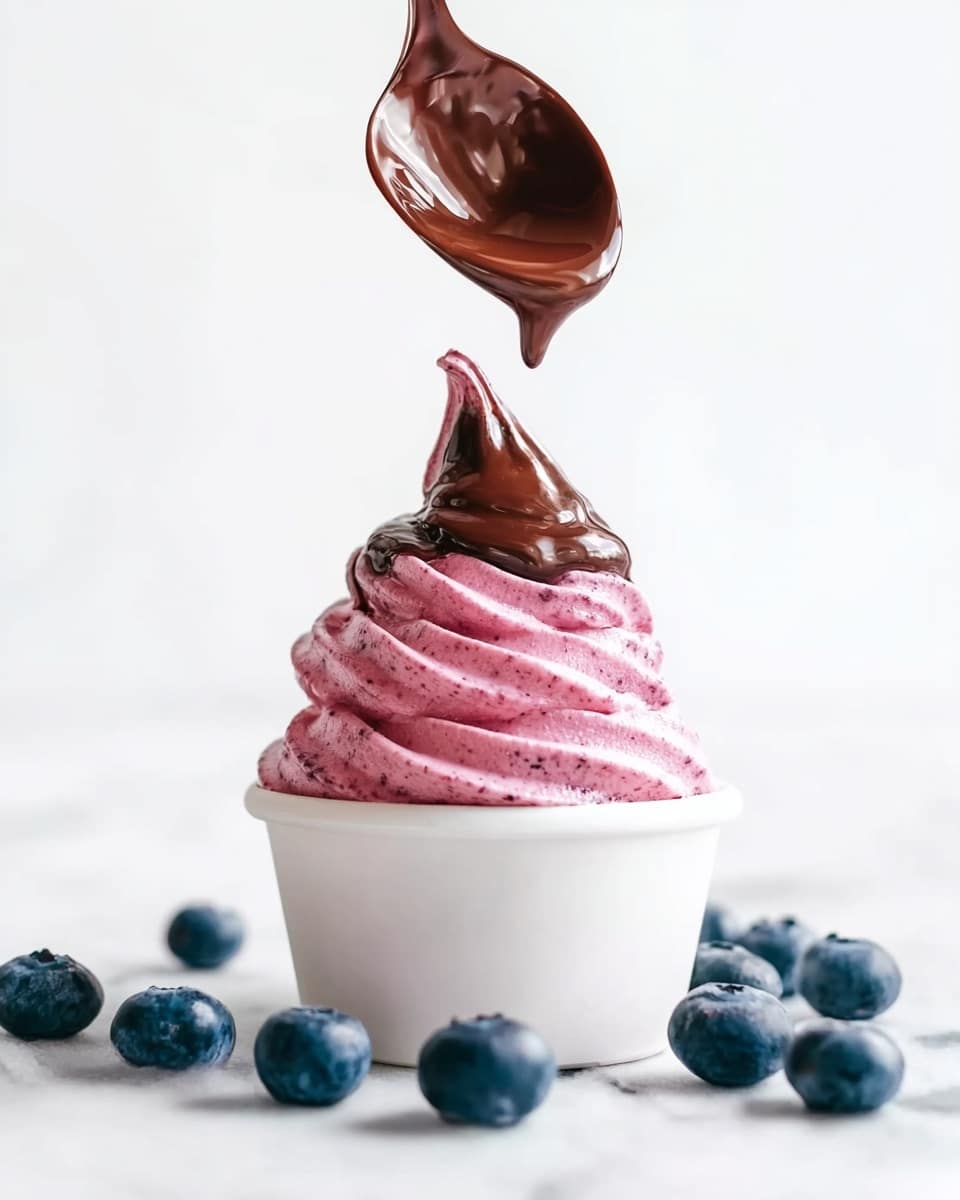 A white cup filled with about three thick swirls of pink soft serve ice cream, showing a smooth, creamy texture with tiny berry specks. A spoon held by a woman's hand is pouring rich, glossy dark chocolate sauce over the top swirl, creating a shiny drip down one side. Around the cup, scattered fresh blueberries sit on a white marbled surface, adding deep blue and purple tones that contrast with the pink ice cream and dark brown chocolate. The background is bright and clean white, emphasizing the vibrant colors of the dessert. photo taken with an iphone --ar 4:5 --v 7