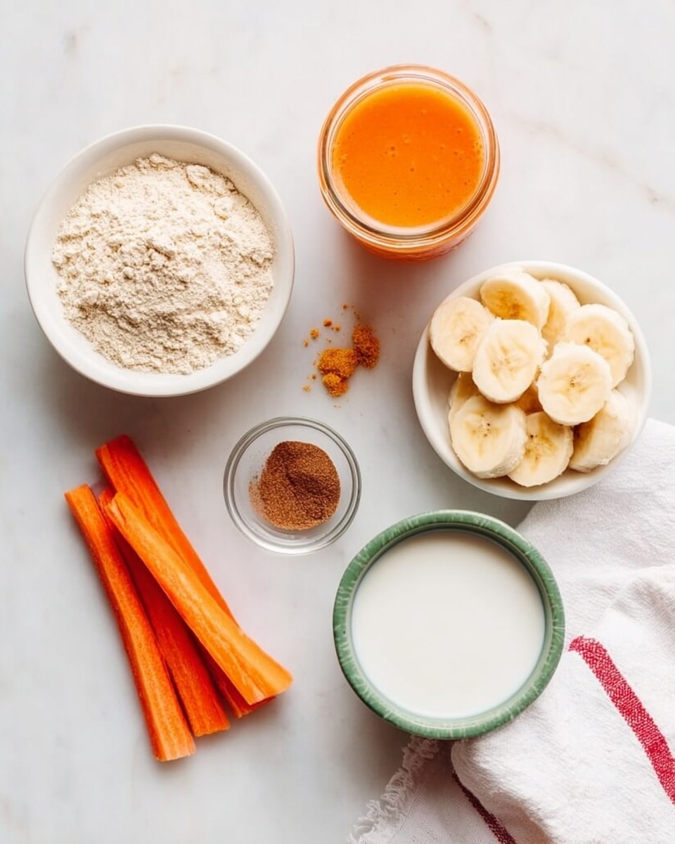 The image shows five separate ingredients arranged neatly on a white marbled surface. At the top left corner, there is a white bowl filled with light beige flour. Next to it on the right, there is a glass jar filled with orange juice, with a few small crumbs scattered around. Below the flour bowl is a few orange carrot sticks lying horizontally. To the right of the carrots, a small clear bowl contains a dark brown powder, likely cinnamon. Below the cinnamon bowl, there are evenly sliced pale yellow banana pieces arranged in a neat row. Finally, to the right of the bananas, there is a white bowl with a green rim filled with white liquid, probably milk. A white cloth with red stripes is folded in the bottom right corner. Photo taken with an iphone --ar 4:5 --v 7