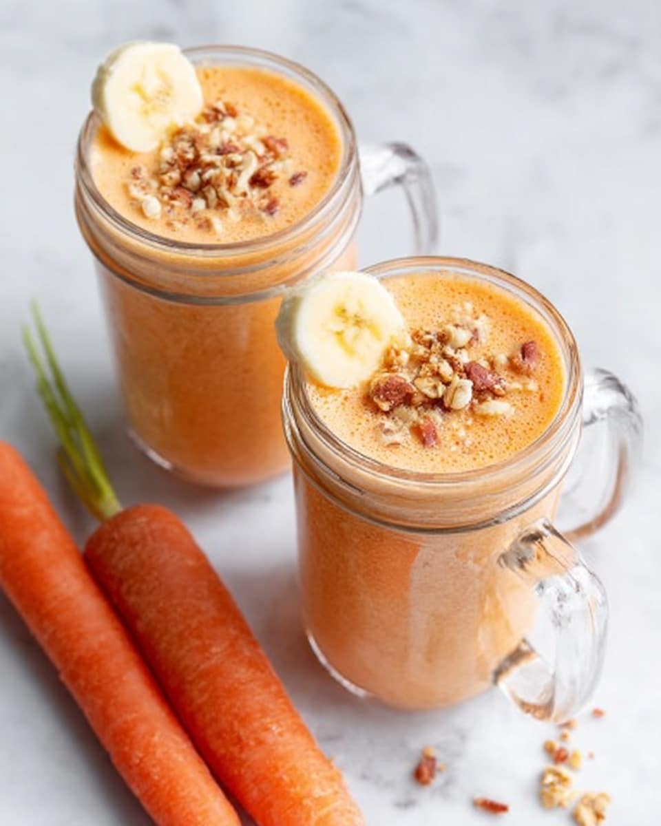 Two glass mugs filled with light orange smoothie that looks creamy and thick. The mugs have handles on the side and each smoothie is topped with small crunchy pieces, possibly nuts or granola. A small banana slice is placed on the rim of each mug. The mugs sit on a white marbled surface beside two whole carrots with bright orange color. Photo taken with an iphone --ar 4:5 --v 7