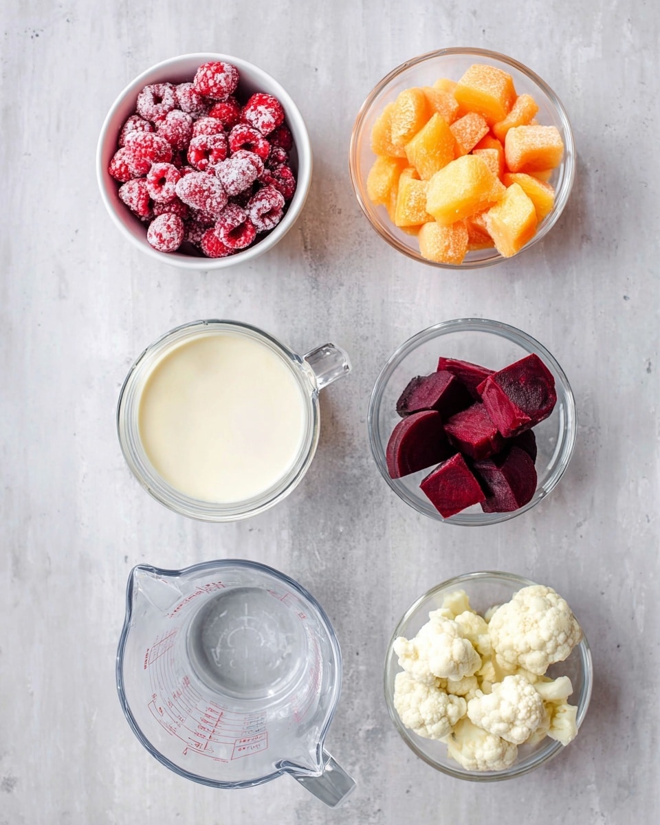 The image shows six small white bowls and clear glass measuring cups on a white marbled surface. The top left bowl has frozen raspberries covered in a light frost, bright red with a textured look. Below it, a bowl holds orange fruit pieces with a juicy, slightly shiny texture. To the right of the oranges is a clear glass measuring cup filled with a creamy white liquid. Below the orange bowl, another white bowl contains frozen banana pieces, pale yellow and frosty. To the right, a bowl holds dark red beet slices with a smooth, shiny surface. At the bottom right, a bowl is filled with white cauliflower florets with a rough texture. Below all the bowls is an empty clear glass measuring cup. Photo taken with an iphone --ar 4:5 --v 7