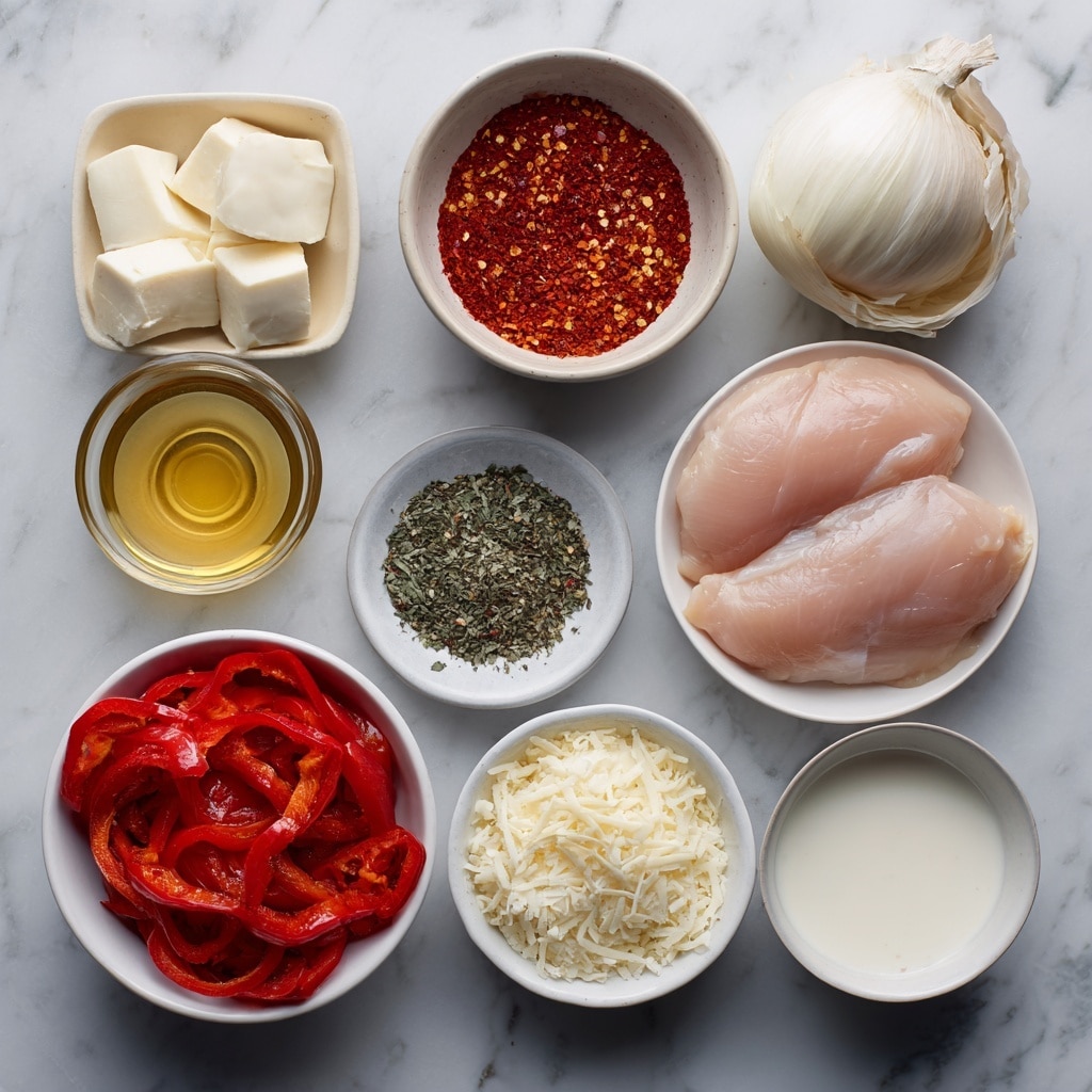 The image shows four golden-brown pieces of cooked chicken layered evenly across a white plate, partially covered with a creamy light tan sauce with specks of cracked black pepper and red chili flakes. Bright green basil leaves are scattered on top and around the chicken, adding fresh bursts of color. The sauce has some visible texture with bits of herbs mixed in. The white marbled surface beneath the plate enhances the dish's warm tones. photo taken with an iphone --ar 4:5 --v 7