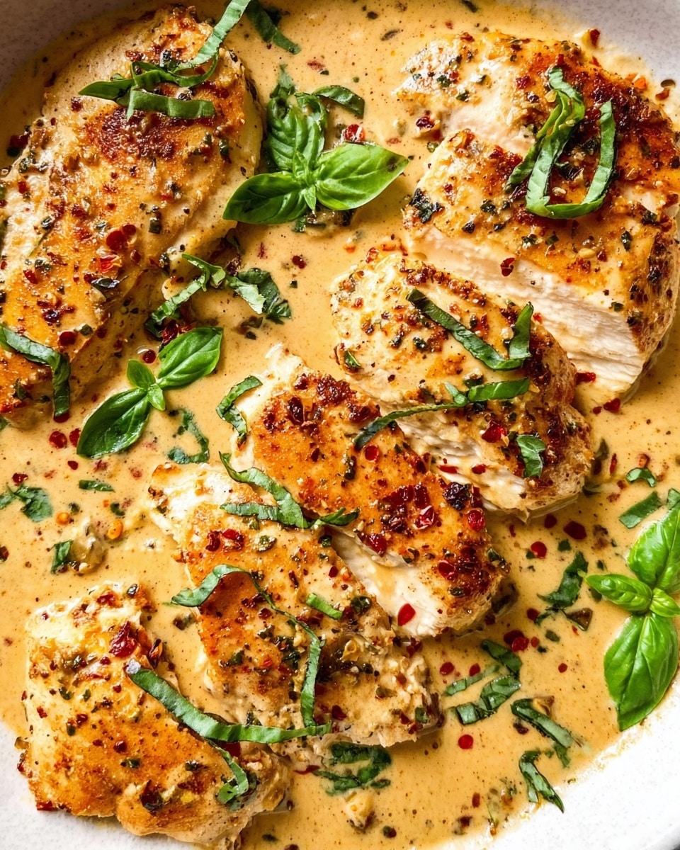 A silver pan holds four golden brown chicken pieces in a creamy orange sauce with a smooth texture. On top, there are small bright green basil leaves scattered and some red chili flakes sprinkled for contrast. The chicken pieces are slightly browned with visible seasoning, resting evenly in the thick sauce. Around the pan, on a white marbled surface, fresh green basil sprigs add color. A dark blue and white striped cloth is wrapped around the pan handle, providing a cozy touch. Photo taken with an iphone --ar 4:5 --v 7