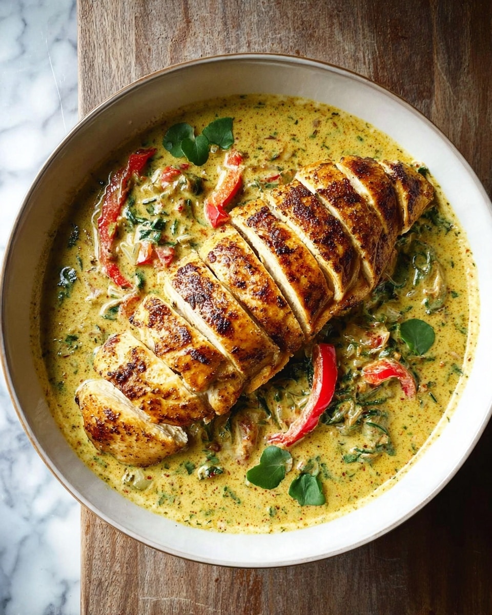 A white bowl sits on a white marbled surface, filled with two main layers. On one side, there is a mound of small, round, white couscous pearls with a slightly glossy texture. Next to it, there is a large piece of golden-brown seasoned chicken covered in a creamy green sauce with visible herbs. Bright red strips of roasted bell peppers lay on top and around the chicken, adding a pop of color. The sauce looks rich, with fresh green spinach leaves mixed in, giving the dish a fresh, hearty appearance. photo taken with an iphone --ar 4:5 --v 7