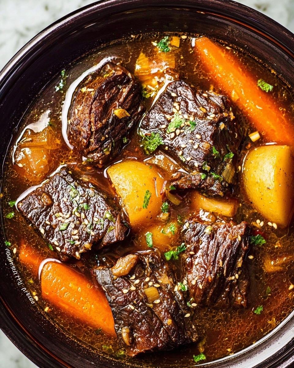 The image shows a close-up of a slow-cooked beef stew in a dark pot. There are five large pieces of dark brown, well-cooked beef chunks, sitting in a rich, brown broth. Around the beef are thick slices of orange carrots and pieces of golden potatoes. The stew is garnished with small green herb pieces and sprinkled with sesame seeds, adding texture. The broth looks thick and shiny, with visible small bits of vegetables. The pot sits on a white marbled textured surface. photo taken with an iphone --ar 4:5 --v 7