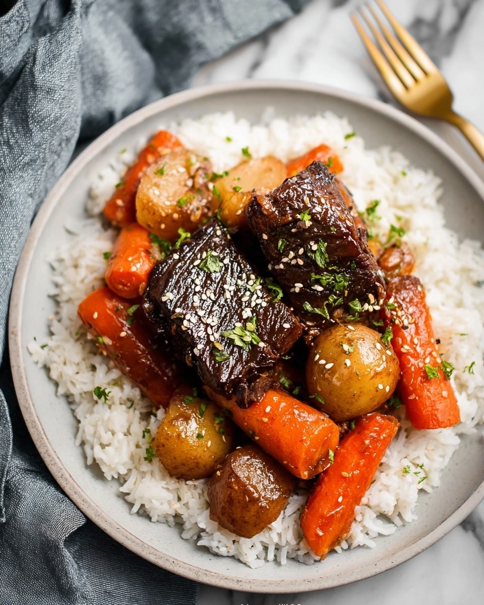 A white plate shows a base layer of fluffy white rice spread evenly. On top of the rice, there are chunks of cooked carrots that are bright orange and soft in texture. Mixed with the carrots are pieces of light brown potatoes, some with a slightly crispy skin. Sitting on the vegetables are two thick rectangular pieces of dark brown meat, glazed and shiny with a sauce, sprinkled with small green herbs and a few white sesame seeds. The food is placed on a white marbled surface with a grey cloth and a gold fork nearby. Photo taken with an iphone --ar 4:5 --v 7