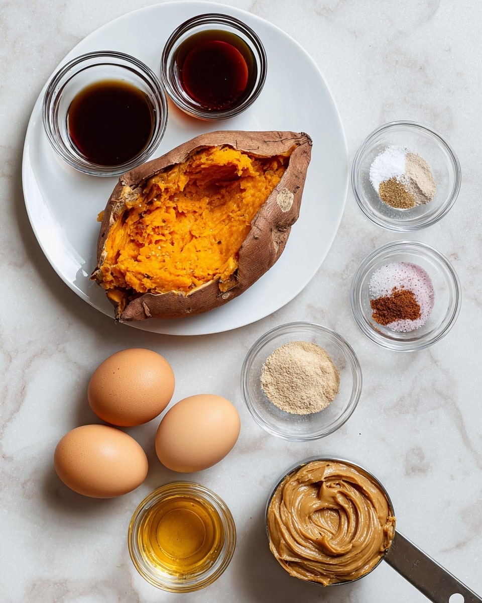 The image shows a white plate with a baked sweet potato that is partly open, revealing its bright orange mushy inside with a soft texture and wrinkled brown skin around it. Next to the plate on a white marbled surface are several small glass bowls and containers: a clear glass bowl with dark brown syrup, a round white bowl with four small piles of different spices and salts arranged in a circle (white, brown, pink, and beige powders), a small glass bowl with a light amber liquid, and a metal measuring cup holding smooth, light brown peanut butter with a swirl design on top. Three whole brown eggs are placed nearby on the same white marbled surface. Photo taken with an iphone --ar 4:5 --v 7