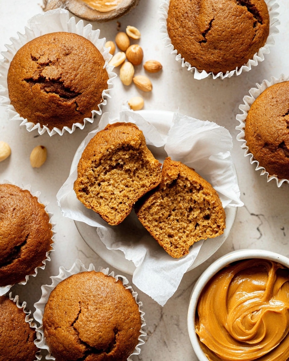 The image shows six brown muffins with cracked tops arranged on a white marbled surface, each in white paper liners. In the center, two slices of a muffin rest on an unwrapped white paper liner, showing a soft and moist texture with a light brown color and some darker brown specks. On the upper right, there is a white bowl filled with smooth peanut butter with a slight swirl pattern on top, and next to it on the right is a white bowl holding a thick orange spread. Scattered around are a few whole peanuts, adding a natural touch to the scene. Photo taken with an iphone --ar 4:5 --v 7