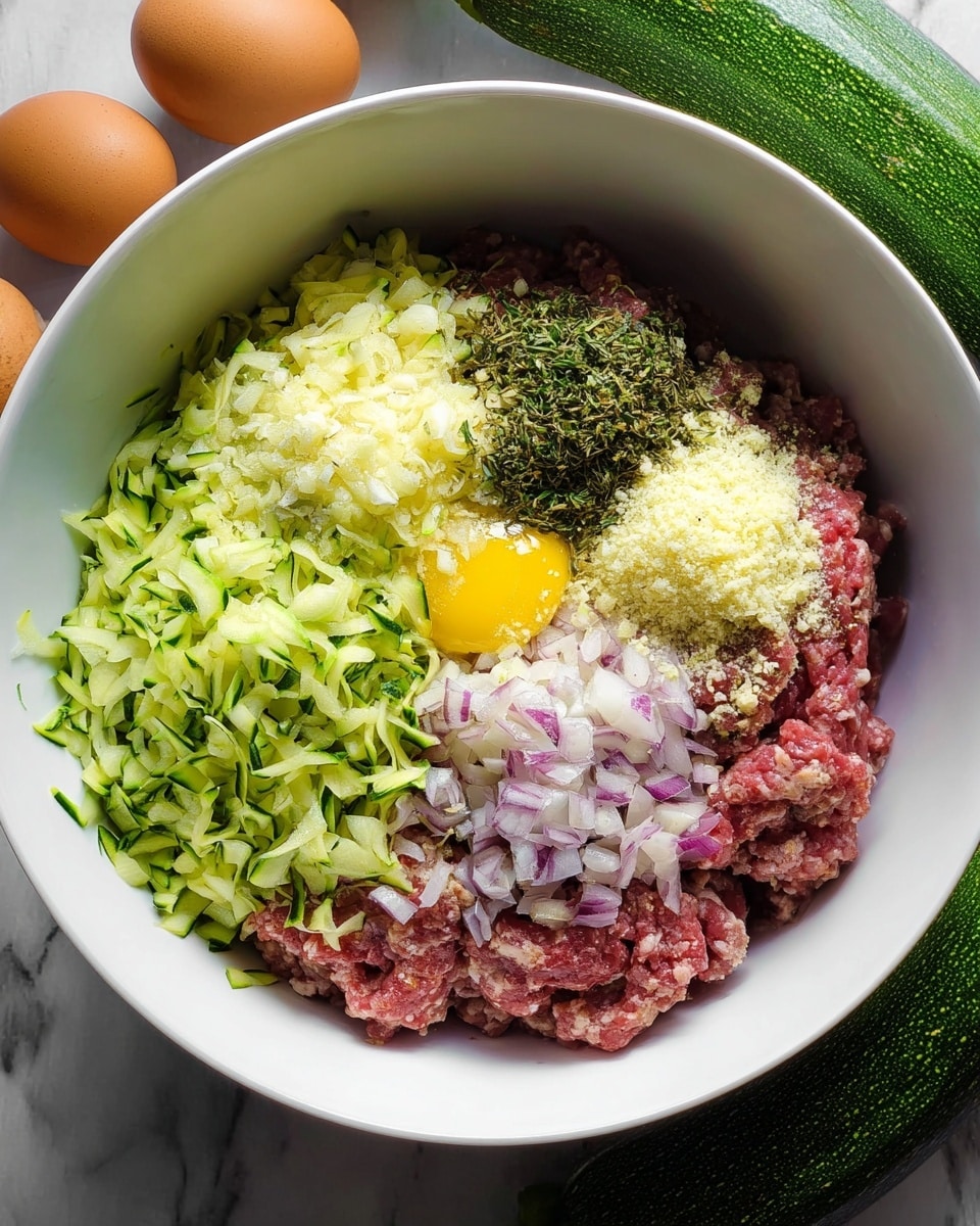 The image shows a white bowl with five main ingredients layered inside. At the bottom, there is light red raw ground meat spread out unevenly. On top of and around the meat, there are four piles: bright green shredded zucchini on the left, finely chopped pale yellow garlic in the top middle, a mix of dark green dried herbs and small pieces of garlic on the right, and finely shredded pale purple onions at the bottom middle. On the right side near the onion, there is also a raw yellow egg yolk partly sitting on the meat. The bowl is placed on a white marbled surface, with whole zucchinis and brown eggs partially visible around it. Photo taken with an iphone --ar 4:5 --v 7