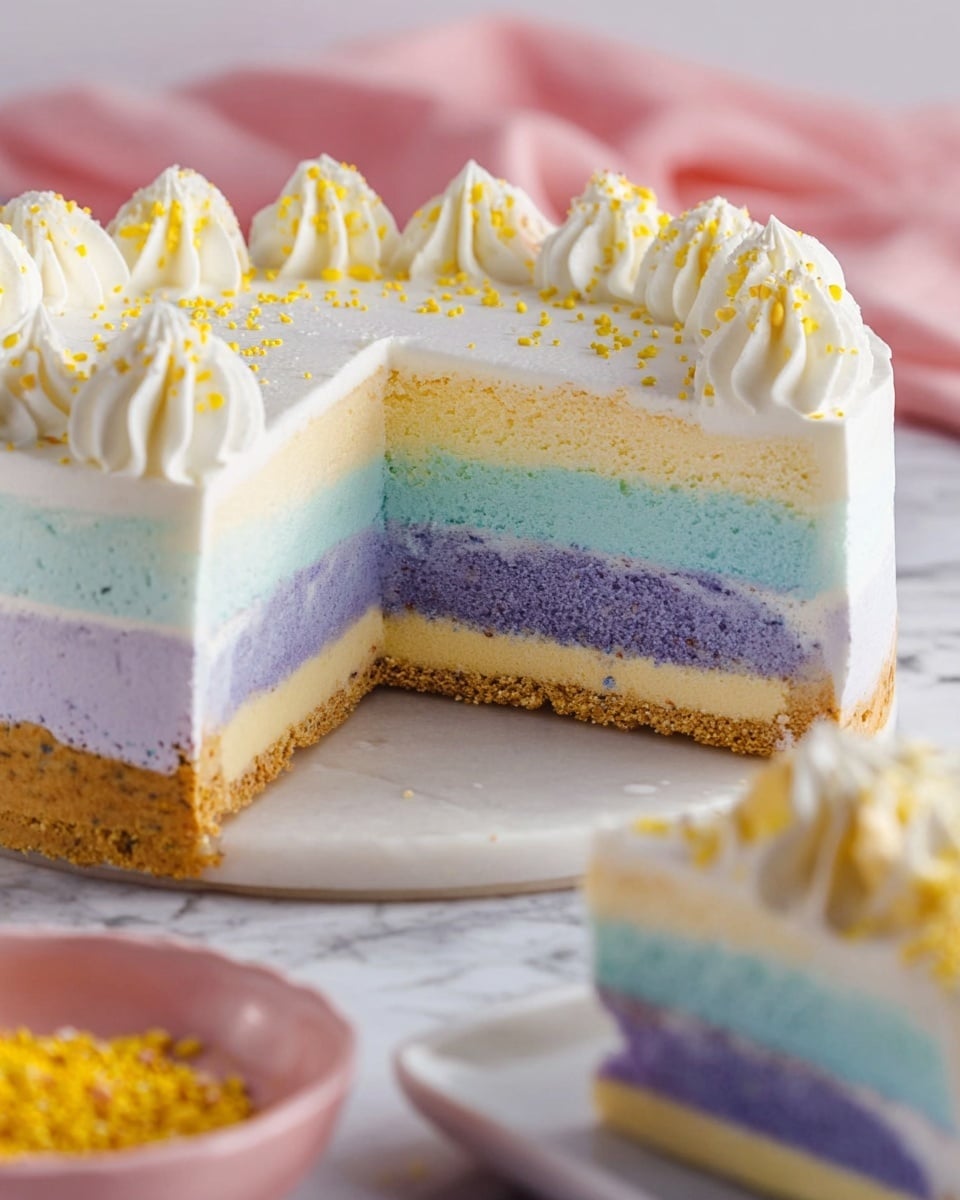 A close-up view of a multi-layer cake sitting on a white marbled surface, showing four distinct horizontal layers. From bottom to top, there's a light brown crumb crust base, a creamy pale yellow layer, a smooth light blue layer, and a fluffy light purple layer. The top is covered with a thick white cream layer decorated with dollops of white cream around the edge, all sprinkled with small yellow specks. The cake is partially sliced, revealing the colorful layers inside. A small white square plate with a slice topped with cream and yellow sprinkles is blurred in the front right, along with a pink bowl of yellow sprinkles nearby. Photo taken with an iphone --ar 4:5 --v 7