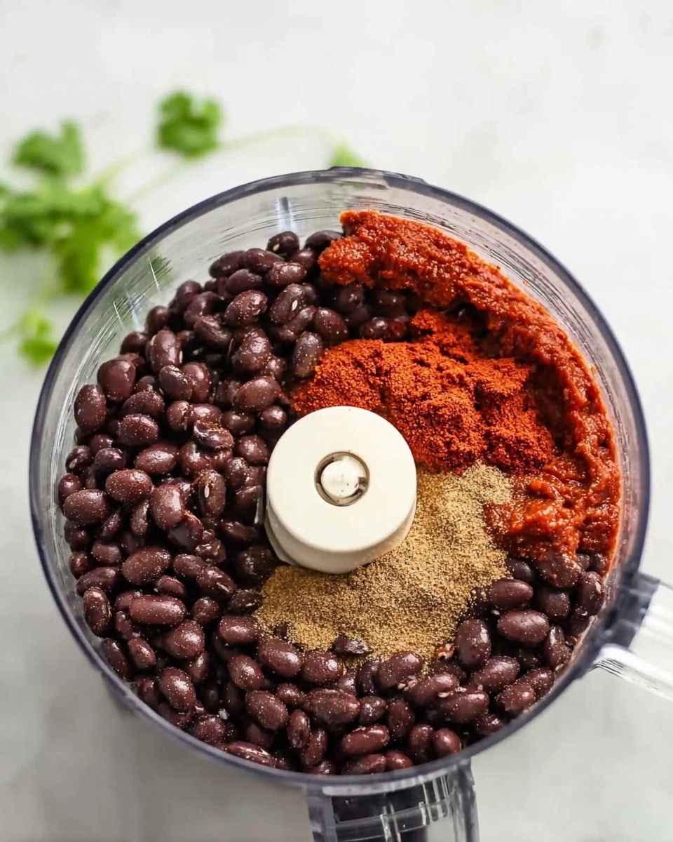 A clear glass food processor bowl sits on a white marbled surface, filled mostly with dark, shiny black beans that cover the bottom layer. On top of the beans, on the right side, there is a rough textured layer of bright red sauce. In the center-bottom area of the beans, there is a spread of light brown powdery spice. The white and plastic food processor blade is fixed in the middle, partially visible above the ingredients. A few green herb leaves are blurred slightly in the background. Photo taken with an iphone --ar 4:5 --v 7