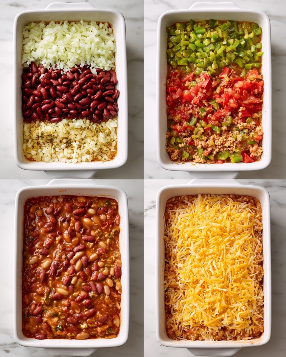 Four images show the making of a layered casserole dish in a clear rectangular glass baking dish placed on a white marbled surface. The first image shows a thick red sauce with visible black beans, corn, and small white grains spread evenly on the bottom. The second image adds more corn, black beans, and diced red pieces, making the sauce look thicker and mixed evenly. The third image shows the same dish now topped with a thick layer of shredded white and light yellow cheese spread evenly, covering the sauce underneath. The fourth image is the cooked version, with melted cheese on top turning light golden brown in spots, making a bubbly and creamy surface, while lime wedges sit faintly at the dish's corner. Photo taken with an iphone --ar 4:5 --v 7