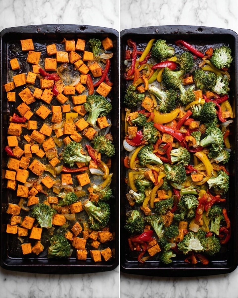 The image shows two black baking trays filled with roasted vegetables. On the left tray, there are many small cubes of orange sweet potatoes spread evenly, mixed with green broccoli florets and thin slices of red and yellow bell peppers. The right tray shows the same vegetables after roasting; the sweet potatoes have darkened slightly and look crisp, the broccoli has charred edges, and the bell peppers are softer with some browned spots. The trays rest on a white marbled surface. photo taken with an iphone --ar 4:5 --v 7