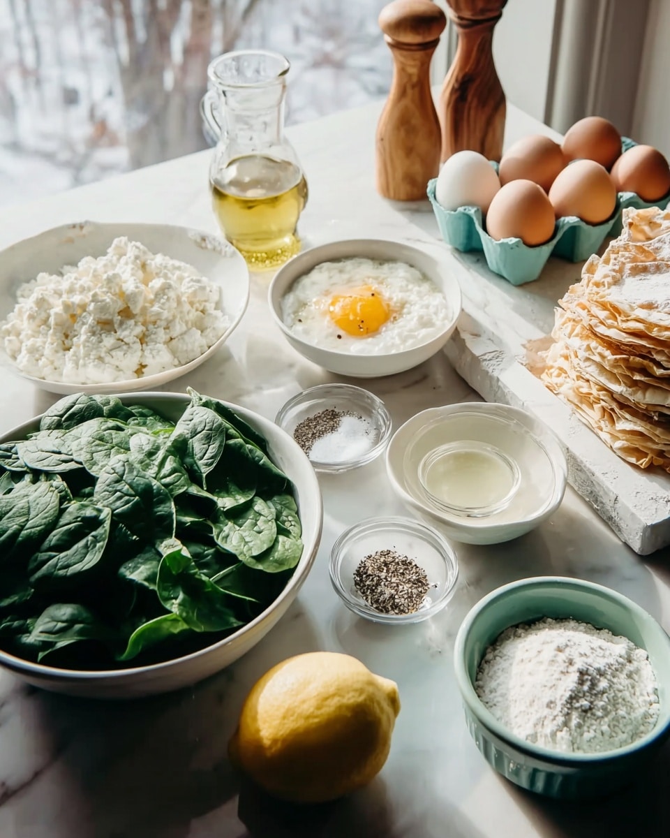 A white bowl filled with fresh green spinach leaves sits on a white marbled surface near the window. Around it, several small white bowls hold different ingredients: a bowl of crumbled white cheese, a bowl with a creamy white mixture topped with a yellow yolk-like center, a bowl of white grated cheese, and small bowls with salt and black pepper. A clear glass bowl contains a light yellow liquid, while another bowl with white powder (flour) is nearby. A lemon with bright yellow skin rests in front, and a light blue egg carton with brown eggs is placed at the back. There's also a white tray with layers of flaky light beige pastry on the right, along with a small glass bottle holding yellow oil and two wooden shakers in the background. All items are arranged on a white marbled surface with soft natural light coming from the window. Photo taken with an iphone --ar 4:5 --v 7