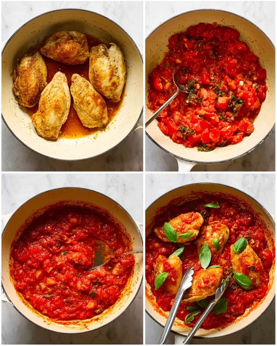 The image shows four square photos of cooking in a round white pot on a white marbled surface. The first photo has three golden brown cooked chicken pieces at the bottom of the pot. The second photo shows the pot with chopped red tomatoes and some oil and spices around them, filling about half of the pot. The third photo shows the same pot with the tomatoes cooked down into a chunky red sauce with fresh green basil leaves scattered on top. The last photo shows the cooked chicken pieces placed back in the pot on top of the tomato sauce with a silver tong holding one piece, and some green basil leaves mixed in the sauce. Photo taken with an iphone --ar 4:5 --v 7
