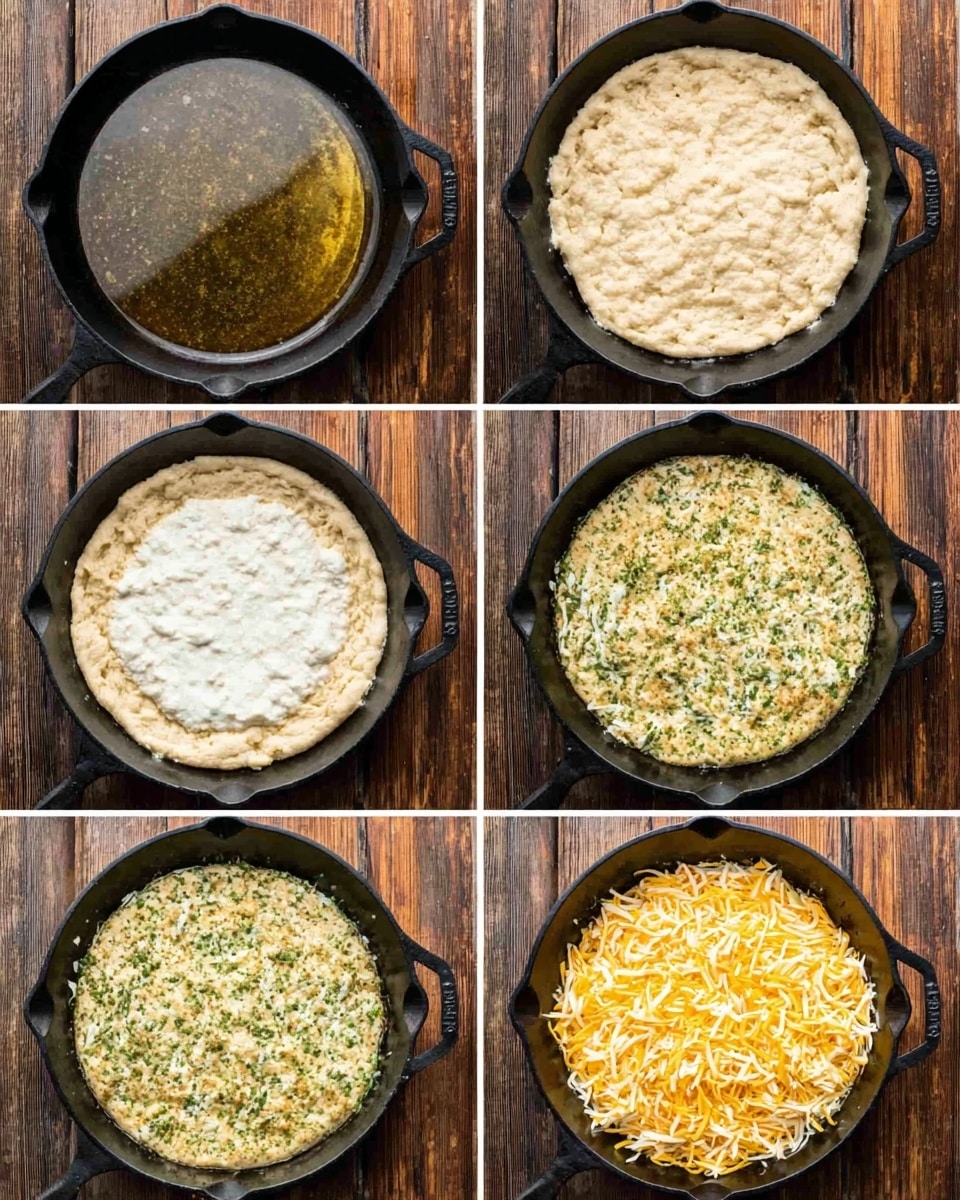 The six-image collage shows the step-by-step baking process of a dish in a black cast iron skillet placed on a wooden surface. The first image shows melted butter or oil filling the base. The second image shows a thick spread of dough covering the skillet bottom with a rough light beige texture. The third image shows the dough now more even and golden-brown in color. The fourth image shows a white creamy layer spread evenly over the baked dough. The fifth image shows green herbs mixed into the creamy layer, creating a speckled green texture covering the base. The sixth image shows shredded cheese of yellow and white colors layered thickly on top of the herb cream layer. Photo taken with an iphone --ar 4:5 --v 7