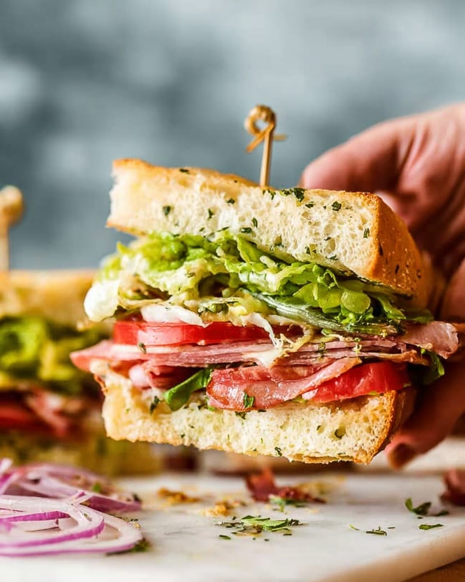 A large silver metal bowl filled with a mixed salad showing three visible layers: the base is green leafy lettuce with a rough texture, the middle layer has thin rings of white and purple onion slices scattered evenly, and the top layer has a creamy light green dressing coating all ingredients. A woman's hand is holding a large spoon inside the bowl on the left side, and another woman's hand holds the bowl from the bottom right. The bowl is on a white marbled surface with some brown wooden elements on the right side of the image. Photo taken with an iphone --ar 4:5 --v 7