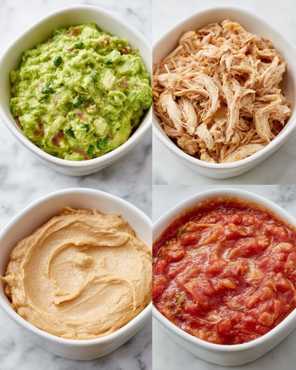 The image shows four white ceramic bowls arranged in a 2x2 grid on a white marbled surface. The top left bowl contains a bright green chunked mixture with a soft texture, likely mashed avocado with pieces of darker green herbs. The top right bowl is filled with shredded light brown cooked chicken with a slightly moist texture. The bottom left bowl holds a smooth, light beige creamy spread evenly spread flat inside the bowl. The bottom right bowl has a chunky red tomato-based mixture with visible pieces of tomato and a soft sauce surrounding them. Photo taken with an iphone --ar 4:5 --v 7