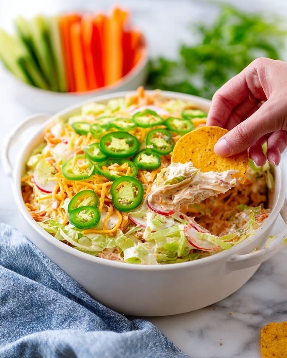 A white oval dish contains three main layers: the bottom layer is a red sauce visible along the edges, the middle layer is a light beige texture resembling cooked shredded chicken spread evenly, and the top layer is covered with sliced green jalapeños and chopped light green lettuce scattered across the surface. A silver spoon rests inside the dish. To the upper right, part of a white plate shows thinly sliced green cucumber and bright red bell pepper strips. The dish is placed on a soft, white marbled surface with a blue and white striped cloth beside it. photo taken with an iphone --ar 4:5 --v 7