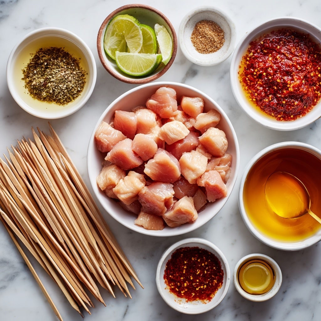 A close-up image shows four skewered pieces of golden-brown grilled chicken stacked vertically on a wooden stick. Each piece has a slightly crispy, textured surface with visible herbs and spices, including small green flecks, suggesting seasoning. The chicken pieces appear juicy and well-cooked with some charred spots. In the softly blurred white marbled background, more skewers filled with similar pieces are stacked, adding depth to the image. A woman's hand is holding the skewer on the left side, lifting it slightly above the rest. photo taken with an iphone --ar 4:5 --v 7