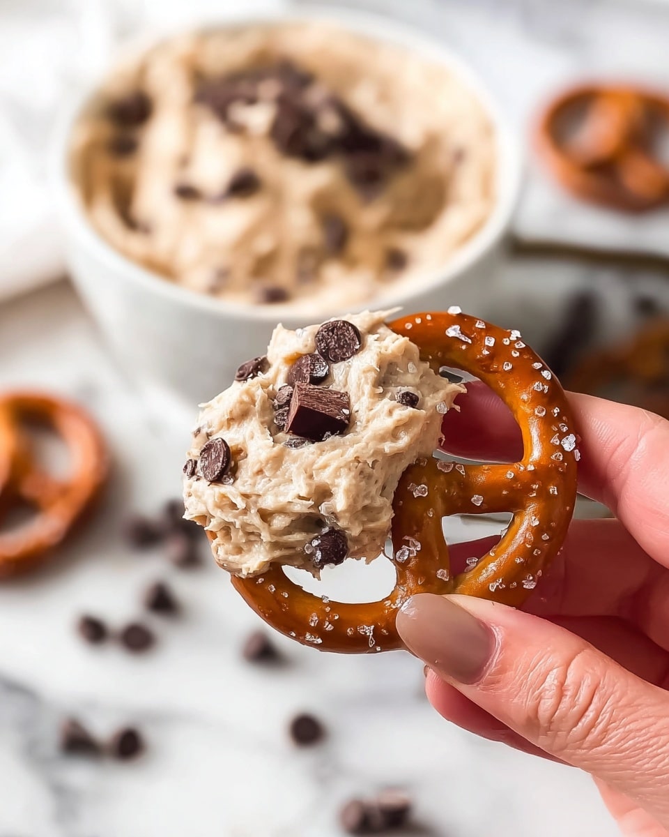 A bowl filled with a thick, light brown mixture textured like cookie dough, dotted with large, dark brown chocolate chips throughout and topped with small crystals of white coarse salt. The bowl is white, sitting on a white marbled surface scattered lightly with tiny chocolate chips. In the background, there is a clear bowl filled with more chocolate chips and a silver container, both resting on the same white marbled surface. Photo taken with an iphone --ar 4:5 --v 7