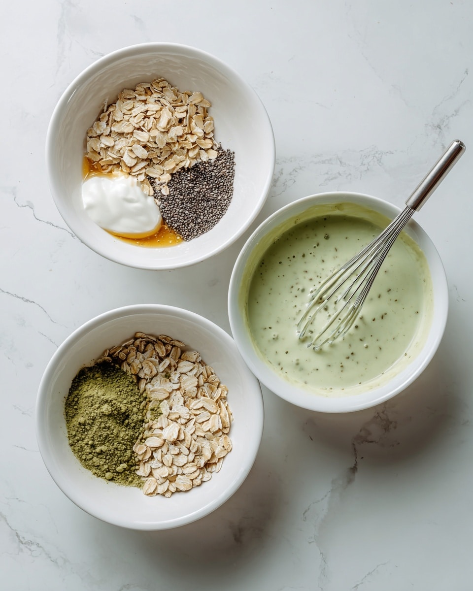 The image shows three white bowls on a white marbled surface. The left bowl is filled with four separate piles of ingredients: light brown rolled oats, dark green matcha powder, glossy white yogurt, and small black chia seeds, with some honey drizzled on the yogurt. The top right bowl shows the ingredients mixed into a pale green, creamy liquid with scattered oats and chia seeds visible; a silver whisk rests inside. The bottom right bowl contains a thicker pale green mixture, with oats suspended within it, showing a more solid texture after setting. photo taken with an iphone --ar 4:5 --v 7