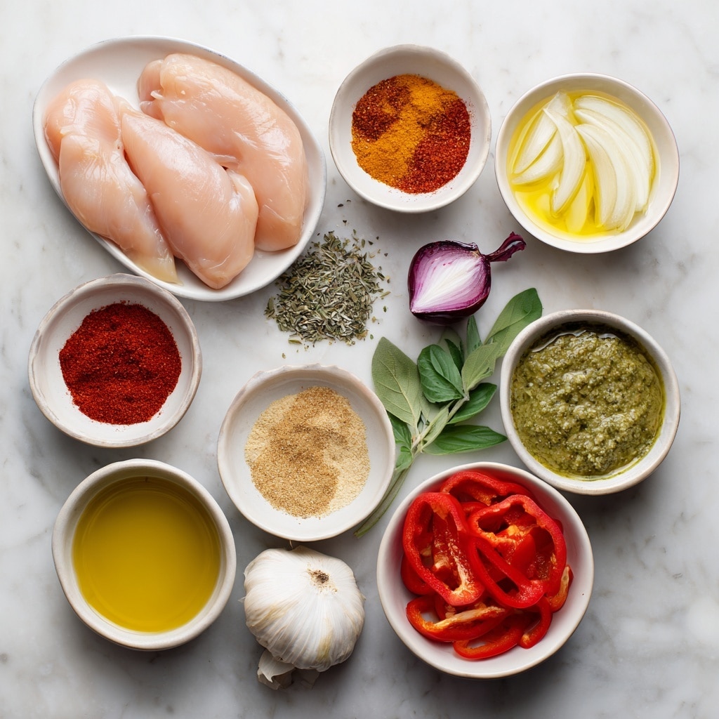 A white bowl filled with a creamy yellowish green sauce that has green and red herb bits mixed in, with several slices of red bell pepper spread through the sauce. On top, there is a thick golden brown grilled chicken placed in the center, sliced into five pieces but still arranged together. Small green leaves are scattered around the dish over the sauce and chicken. The bowl sits on a white marbled surface. photo taken with an iphone --ar 4:5 --v 7