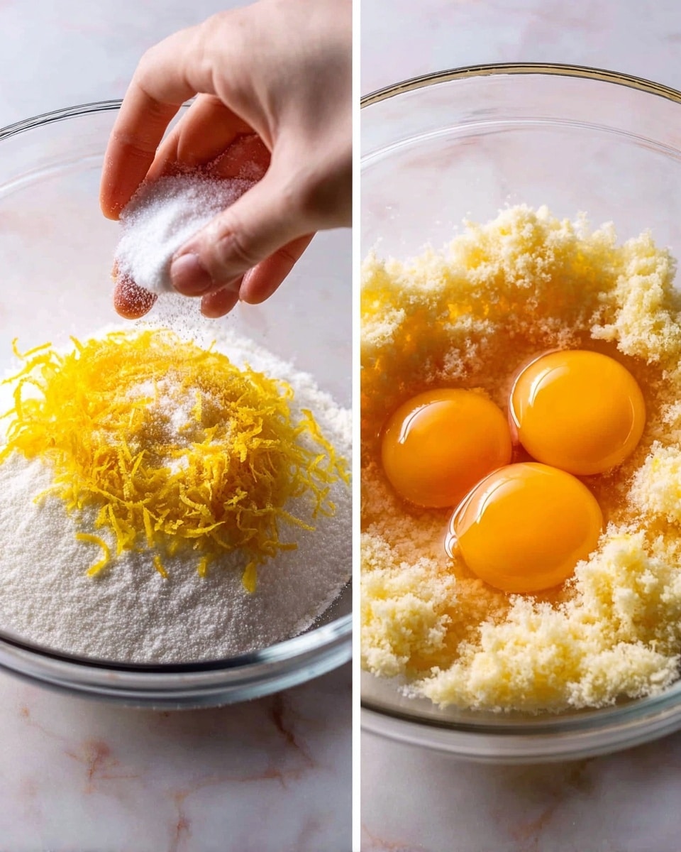 The image shows two side-by-side close-up shots of a clear glass bowl on a white marbled surface. On the left side, a woman's hand sprinkles white granulated sugar over a pile of yellow lemon zest layered on top of the sugar. The textures contrast between the fine sugar grains and the fluffy, bright lemon zest. On the right side, the woman's hand cracks open three bright orange egg yolks into the middle of a creamy mixture with a crumbly texture, likely butter and sugar combined. The glossy yolks sit in a shallow well inside the soft, pale mixture. Photo taken with an iphone --ar 4:5 --v 7
