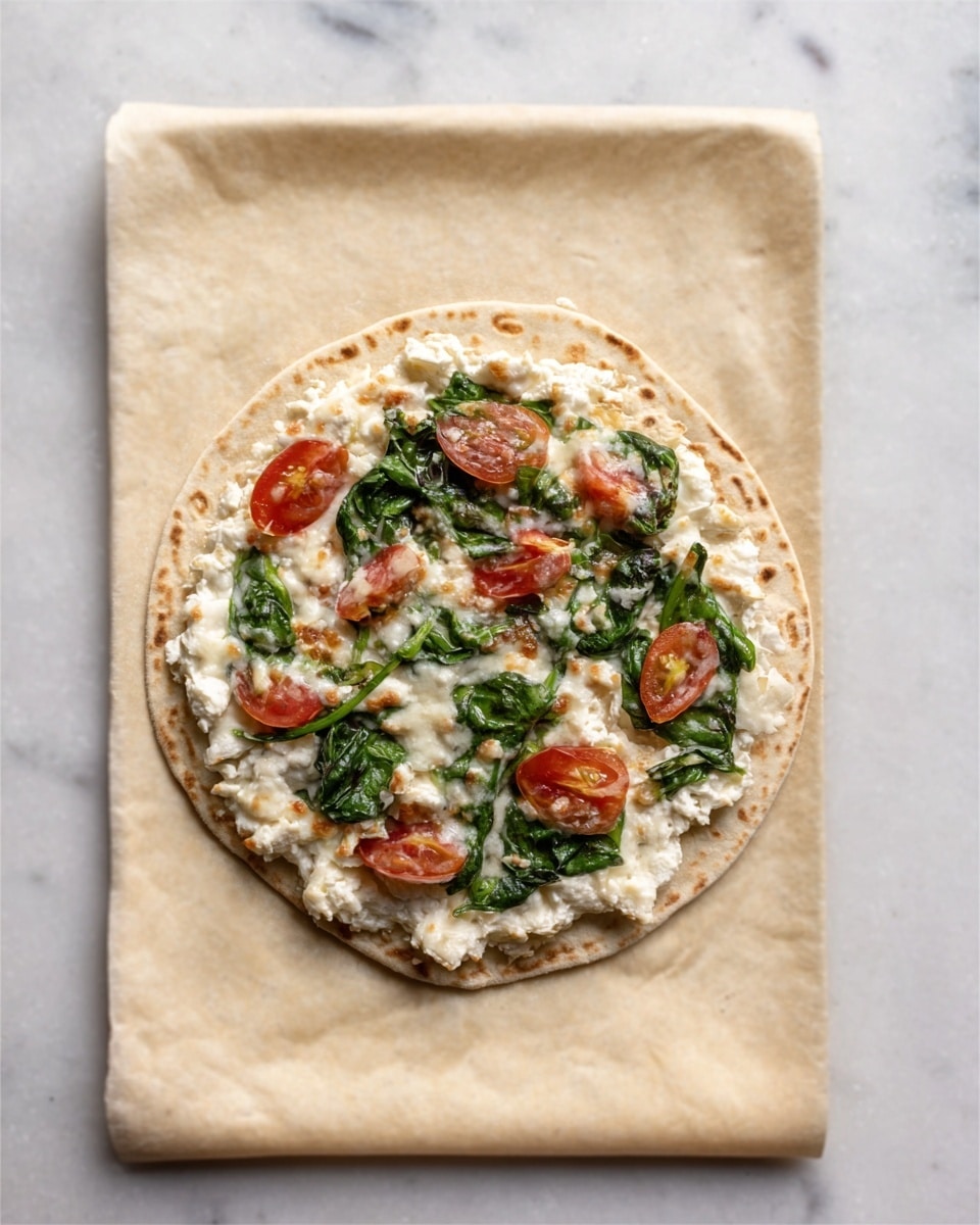 A single round flatbread topped with a mix of green spinach pieces, red tomato slices, and white cheese spread evenly across the surface, placed in the center of a rectangular sheet of larger flatbread. The larger flatbread and the smaller topped flatbread rest on a white marbled surface. The colors contrast with the beige flatbreads underneath. photo taken with an iphone --ar 4:5 --v 7