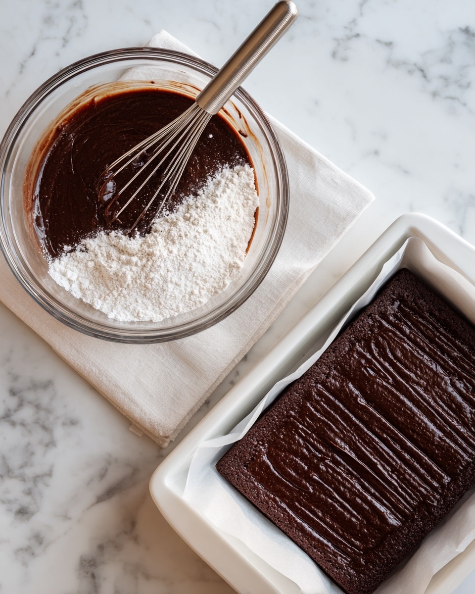 The image shows two stages of making a chocolate dessert. On the left side, a clear glass bowl holds thick dark brown chocolate batter mixed with white flour on top, and a metal whisk resting inside. On the right side, the chocolate batter is spread evenly in a white baking pan lined with white parchment paper, with a smooth dark brown surface. The background is a white marbled texture. Photo taken with an iphone --ar 4:5 --v 7
