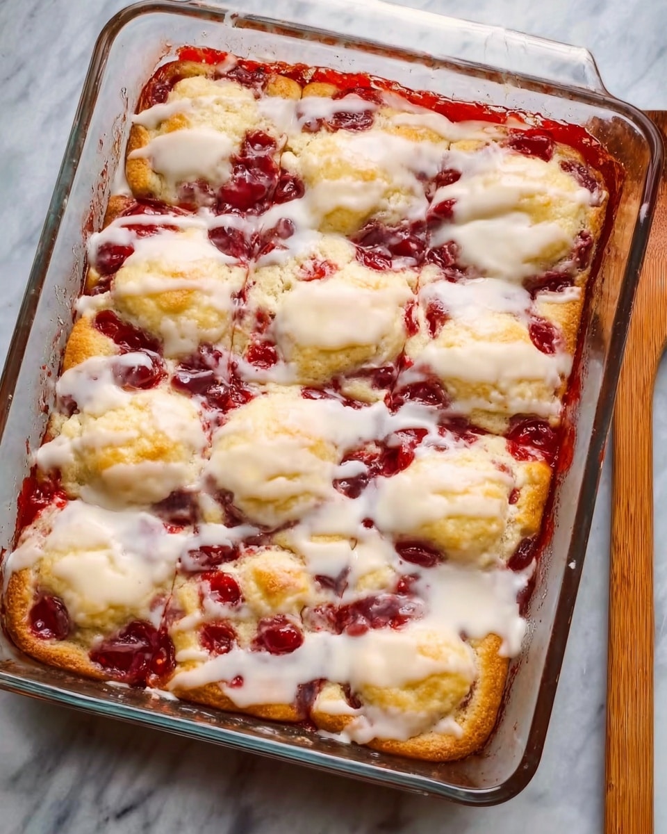This image shows a rectangular glass baking dish with a layered dessert. The dessert has a golden-brown crust at the bottom, topped with bright red fruit jam spread unevenly, creating a rustic look. On top of the jam, there are large dollops of a pale yellow biscuit-like dough that have cooked to a light golden color. Finally, a white icing glaze is drizzled thickly over the entire surface, covering parts of the jam and dough. The dish is placed on a white marbled surface, and a wooden utensil is visible in the lower right corner. photo taken with an iphone --ar 4:5 --v 7