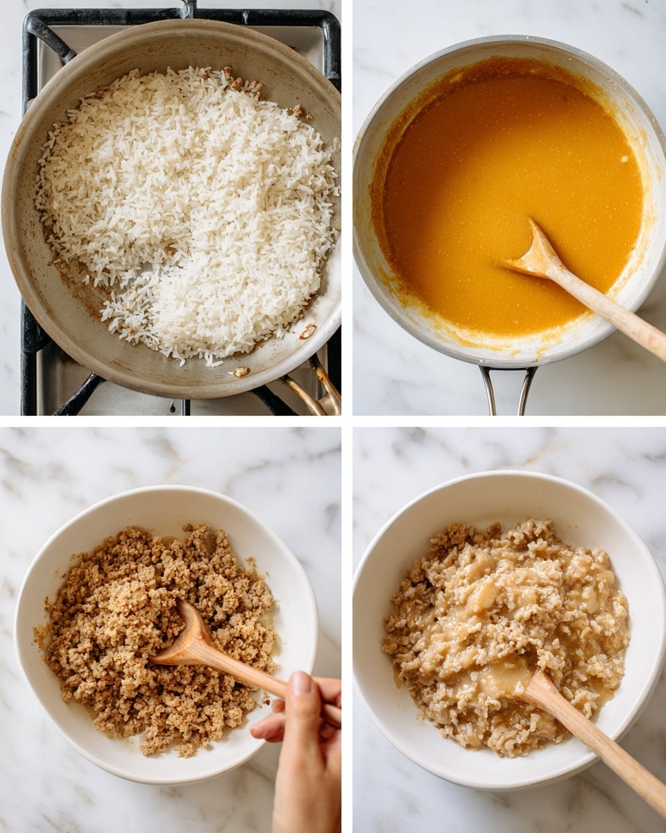 The image shows four steps in making a dish. The top left is a close-up of white rice cooking in a steel pan on a stove with a white marbled surface beneath. The top right shows the same pan with the rice slightly browned and toasted on the edges. The bottom left is a white bowl with cooked ground meat on one side and a smooth orange sauce on the other, with a woman's hand wooden spoon resting inside. The bottom right shows the same bowl with the meat and sauce mixed together, creating a creamy, light brown mixture with visible texture from the meat. Photo taken with an iphone --ar 4:5 --v 7