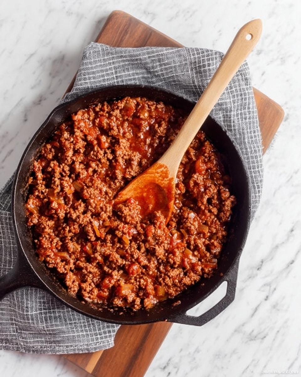 A black cast iron skillet filled with cooked ground meat and small chopped onions, all mixed in a thick reddish-brown sauce. A wooden spoon rests in the skillet, partially covered by the meat mixture, showing a bit of the texture. The skillet is placed on a wooden board with a gray and white checkered cloth nearby. The whole scene is set on a white marbled surface. photo taken with an iphone --ar 4:5 --v 7