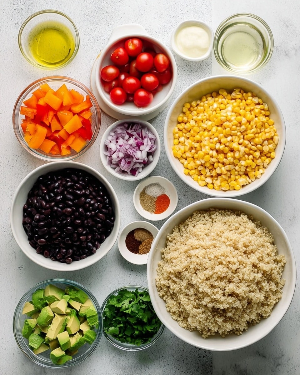 The image shows various ingredients laid out on a white marbled surface, each in its own white bowl or clear glass bowl. In the center-right, a large white bowl filled with light beige cooked quinoa forms the main focus. Surrounding it clockwise, there is a bowl of bright yellow corn kernels, a bowl of halved red cherry tomatoes, a small white bowl holding different spices in brown, beige, and white shades, a glass bowl with finely chopped purple onions, and a glass bowl with green diced avocado. At the bottom left, a white colander holds black beans, and above it, a bowl of chopped orange bell peppers and a bowl of fresh green cilantro leaves sit side by side. Two small glass bowls with light yellow oil and pale yellow lemon or lime juice are positioned near the top left. Photo taken with an iphone --ar 4:5 --v 7