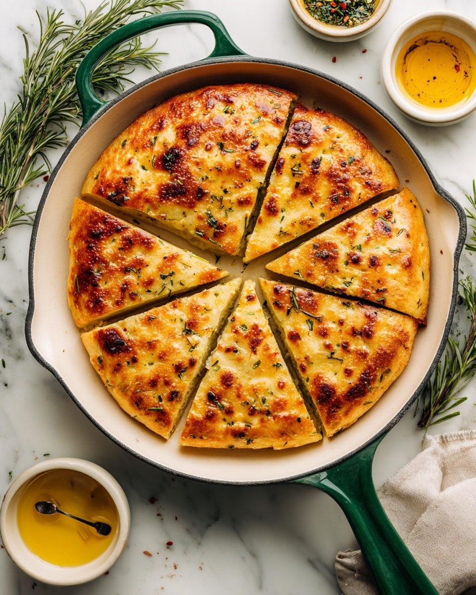 A round, golden-baked flatbread with a slightly crispy texture is displayed in a white cast iron skillet with a green handle. The flatbread is divided into six triangular slices, showing its soft, fluffy inside with scattered small herbs and seasoning on top. Around the skillet, there are small bowls of mustard sauce and oil, with rosemary sprigs adding a fresh green touch. The scene is set on a white marbled surface. Photo taken with an iphone --ar 4:5 --v 7