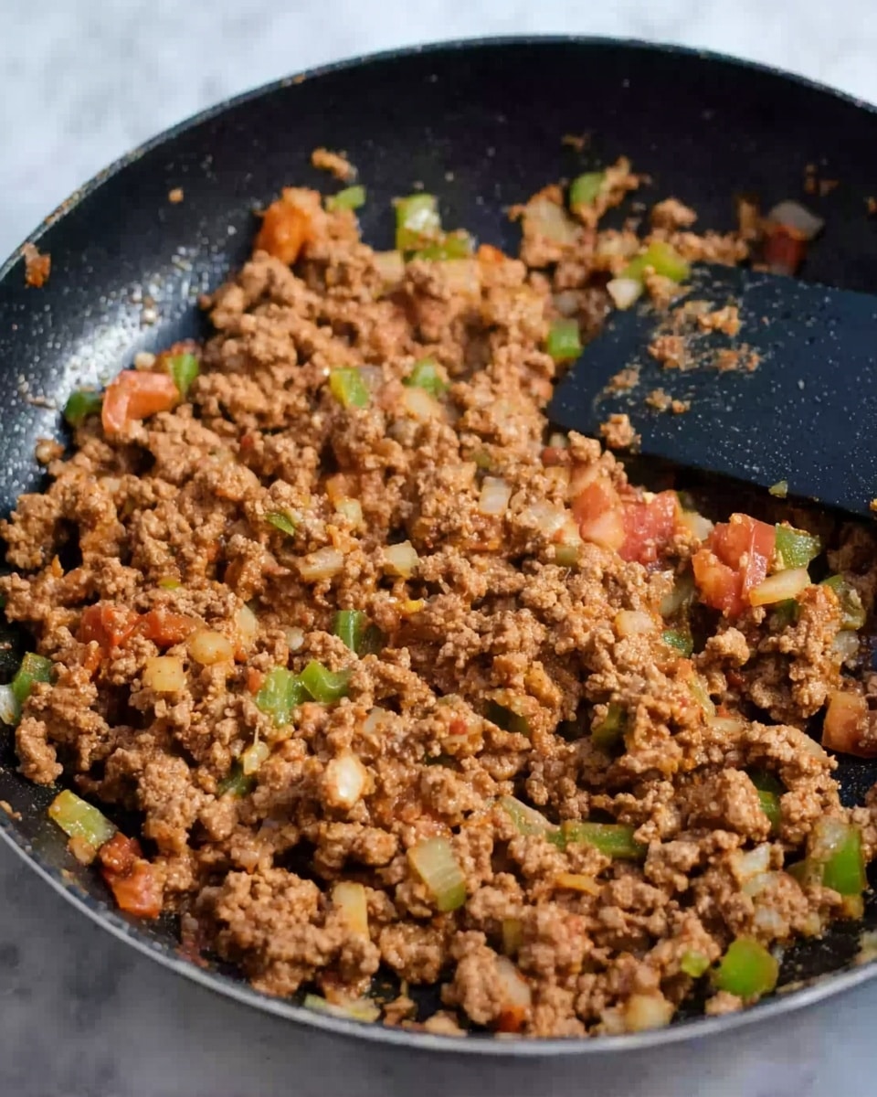 A close-up view of a black cooking pan filled with cooked ground meat mixed with small pieces of vegetables like green peppers, onions, and tomatoes. The meat is brown, crumbly, and well blended with the diced vegetables, which add hints of green, white, and red colors. A black spatula is resting on the right side of the pan, partially stirring the mixture. The pan is set on a white marbled surface. Photo taken with an iphone --ar 4:5 --v 7