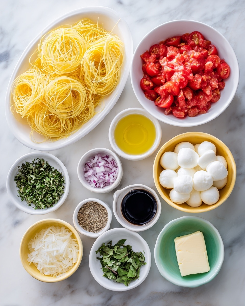 The image shows several white bowls and small dishes arranged neatly on a white marbled surface. At the top left is a white oval plate with dry yellow spaghetti noodles spread out. To the right is a large white bowl filled with bright red chopped roma tomatoes. Nearby, a yellow bowl holds white mozzarella balls. Smaller white and pastel-colored bowls contain various ingredients: golden olive oil, dark balsamic vinegar, finely chopped garlic, green oregano, chopped bright green basil, finely chopped red onions, salt and black pepper mix, a small dish with lemon juice, and a pastel green bowl with a block of unsalted butter. All ingredients are laid out neatly and clearly. Photo taken with an iphone --ar 4:5 --v 7