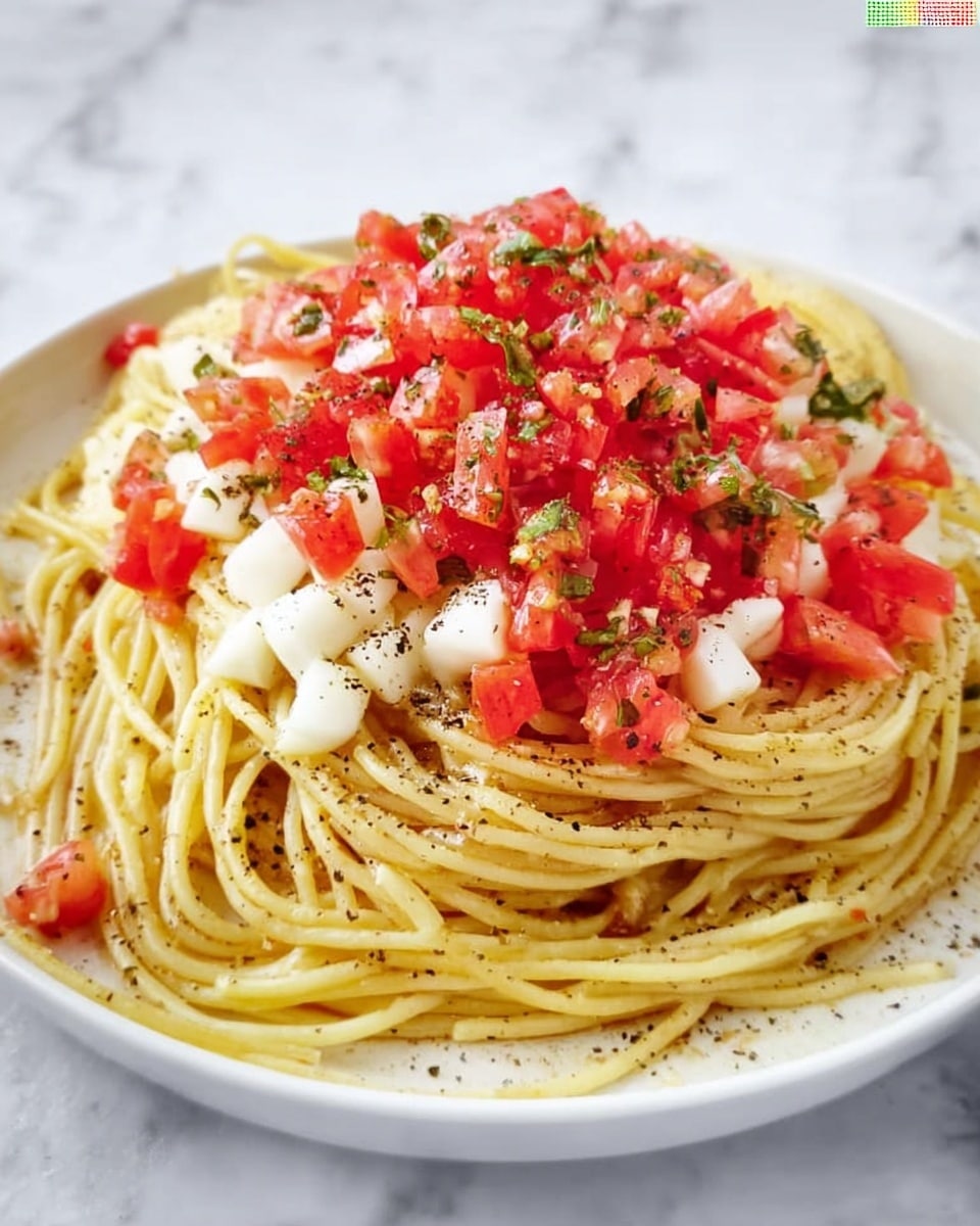 The image shows a plate with a base layer of light yellow spaghetti noodles arranged in a loose, circular pile. On top of the noodles, there is a layer of small, white chunks that seem soft and smooth. The top layer consists of bright red diced tomatoes mixed with small bits of green herbs, scattered evenly to cover the white chunks. The dish is lightly sprinkled with black pepper. The plate is white and sits on a white marbled surface. photo taken with an iphone --ar 4:5 --v 7