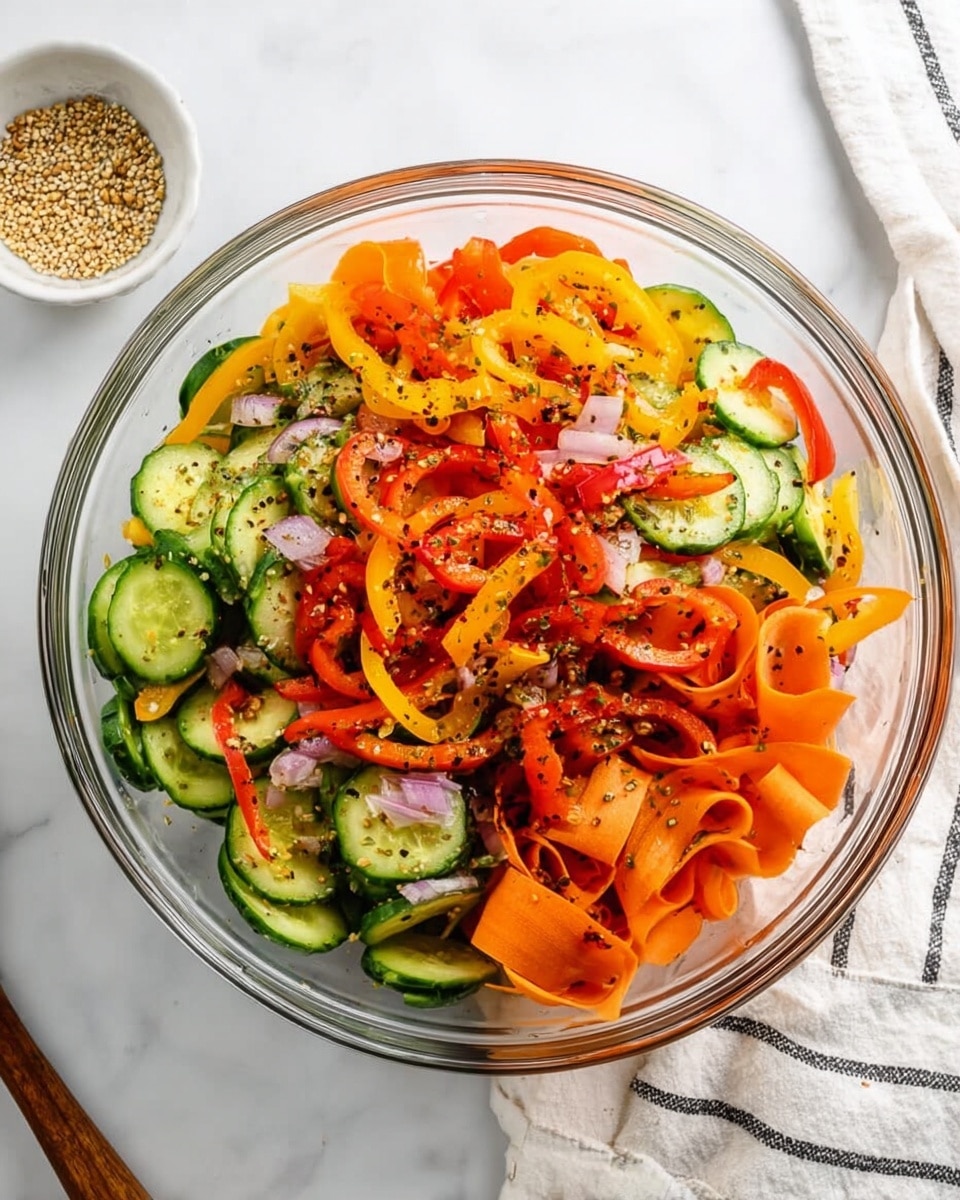 A clear glass bowl filled with a fresh salad showing three main layers: the bottom layer is sliced cucumbers in green with light seeds, the middle layer is thin, curled, orange carrot ribbons, and the top layer has rings and slices of red, yellow, and orange bell peppers mixed with small pieces of light purple onion. The vegetables are sprinkled with black pepper flakes and seeds, adding specks of brown and black all over. The bowl sits on a white marbled surface with a small white bowl with seeds in the top left corner and a white cloth with black stripes next to the bowl. photo taken with an iphone --ar 4:5 --v 7