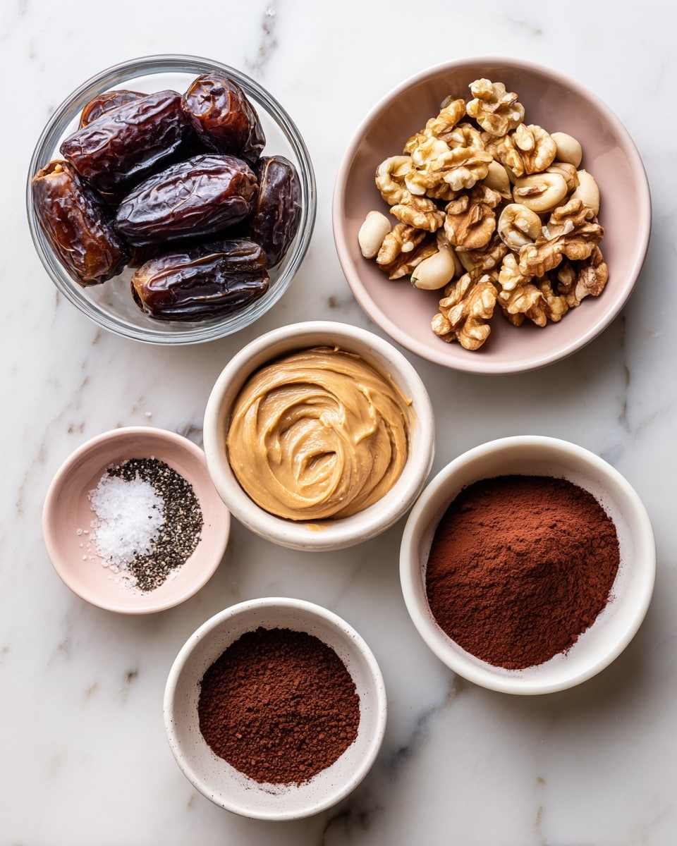 The image shows six small bowls placed on a white marbled surface. Top left is a clear bowl filled with dark brown dates with a wrinkled texture. To the right, a white bowl holds light brown walnut halves. Below the dates, a clear bowl contains smooth, creamy light brown hazelnut butter. In the center is a tiny pale pink bowl with a mix of white salt and black vanilla specks. Bottom right has a white bowl filled with dark reddish-brown cocoa powder with a fine texture, and bottom center is a white bowl holding very dark brown espresso powder with a soft, powdery look. Each bowl’s content is clearly visible and neatly arranged. Photo taken with an iphone --ar 4:5 --v 7