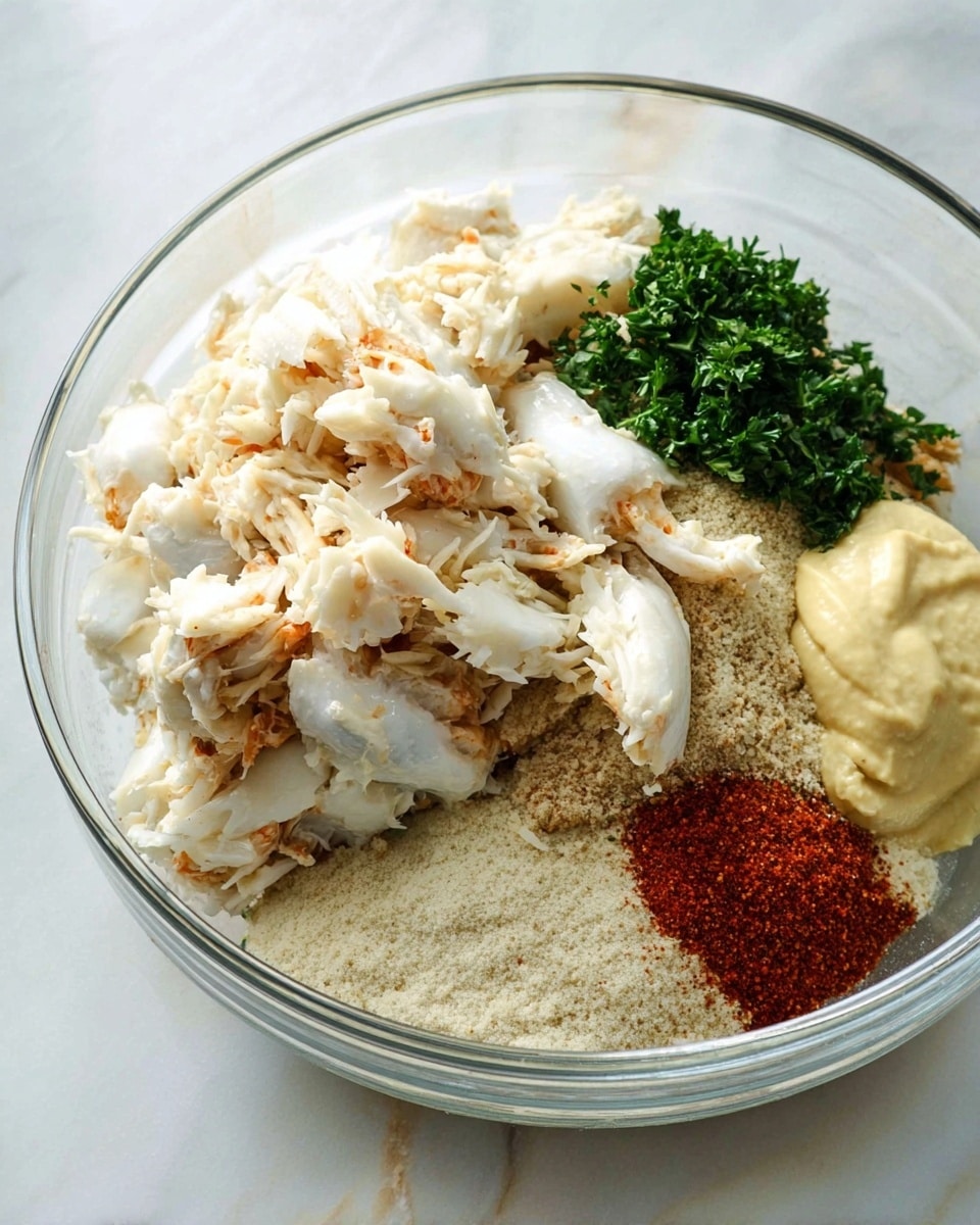 A clear glass bowl placed on a white marbled surface holds a mix of six layers arranged separately. The largest layer consists of white crab meat pieces with some light brown parts, piled in the bottom left half of the bowl. Above this layer is a small bunch of finely chopped green parsley. To the right of the crab meat, a thick white sauce forms a separate layer. Next to that is a light beige powdery layer, almost like fine bread crumbs. Below the crumbs, there is a small pile of reddish-brown seasoning powder. The last layer, at the bottom right part of the bowl, is a dollop of smooth pale yellow mustard. The layers show different textures from soft and flaky to smooth and grainy. photo taken with an iphone --ar 4:5 --v 7