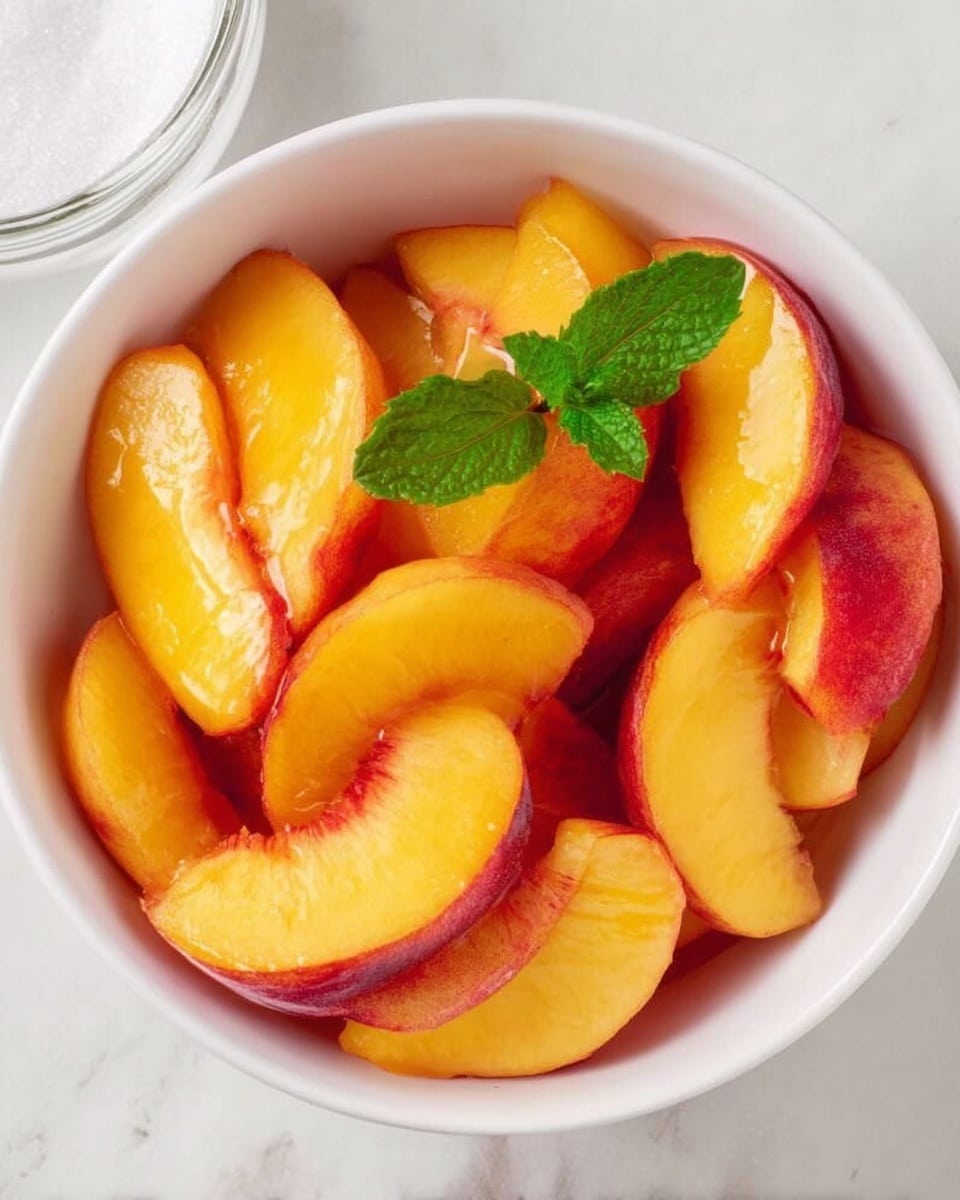 A white bowl filled with many peach slices showing soft orange and red skin and juicy yellow flesh. The peach slices are layered closely inside the bowl. On top of the peach slices, there is a small green mint leaf garnish. Part of a glass container with white sugar is visible at the edge of the bowl. The bowl sits on a white marbled surface. Photo taken with an iphone --ar 4:5 --v 7