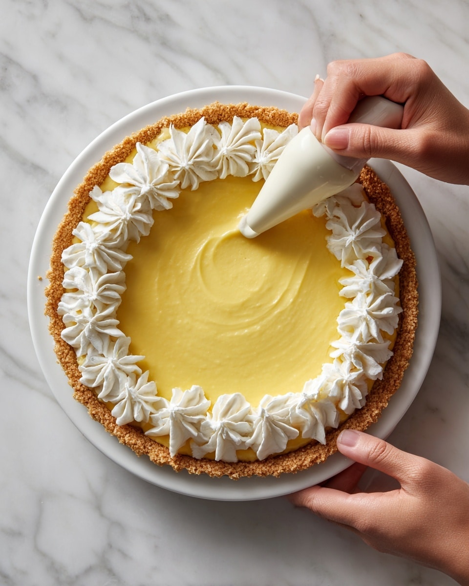 A white plate with a yellow creamy filling spread evenly inside a crust shell, held steady by a woman’s hand on a white marbled surface. The next scene shows the same white plate with white cream being piped in large dollops along the edge of the yellow filling, with a woman’s hand holding a piping bag creating the cream. photo taken with an iphone --ar 4:5 --v 7