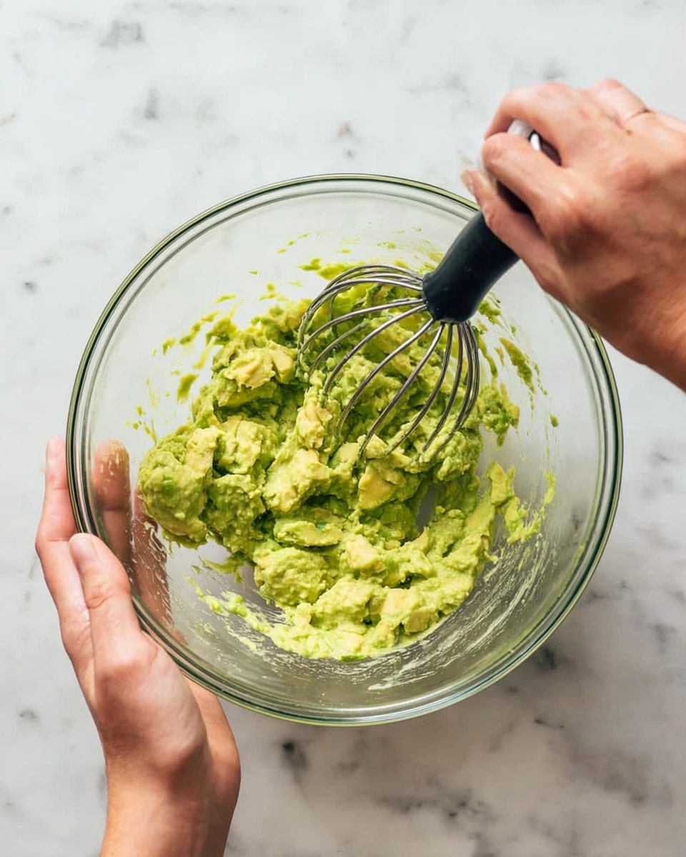 A close-up top view shows a clear glass bowl filled with light green avocado being mashed with a silver metal masher that has a black handle. The avocado texture is partly smooth with soft chunks, showing different shades of green and yellow. A woman's hand grips the black handle of the masher, pressing down on the avocado, while another woman's hand holds the side of the bowl gently. The bowl sits on a white marbled surface with soft gray veins. photo taken with an iphone --ar 4:5 --v 7