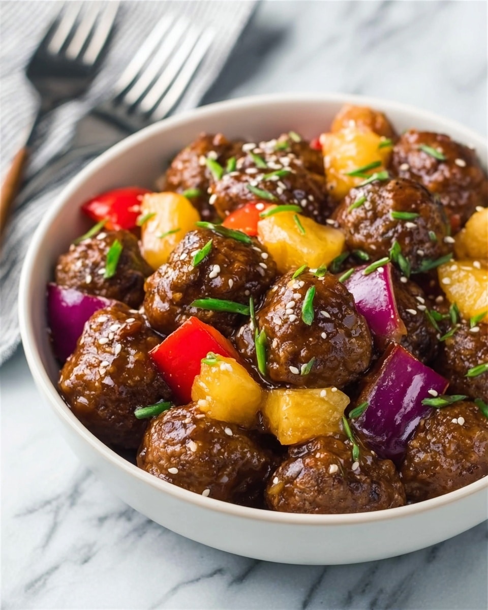 A white bowl filled with several medium-sized brown meatballs covered in a glossy dark sauce. Mixed in with the meatballs are small cubes of yellow pineapple and chunks of red and purple onions, along with some red bell pepper pieces. The dish is sprinkled with white sesame seeds and small green herbs on top. The bowl sits on a white marbled surface with a fork placed nearby. photo taken with an iphone --ar 4:5 --v 7
