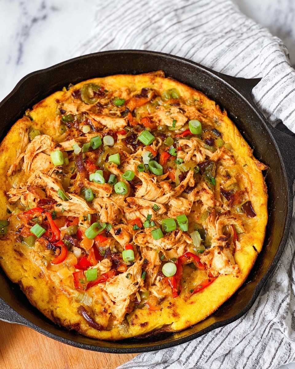 A thick golden-yellow crust forms the bottom layer in a black cast iron pan, topped with a mix of shredded cooked chicken, soft caramelized onions, and grilled green and red bell peppers. The topping has a slightly crispy texture with bits of browned edges, and it is scattered with small bright green onion pieces adding fresh color on top. The pan sits on a white marbled surface with a striped cloth nearby. photo taken with an iphone --ar 4:5 --v 7