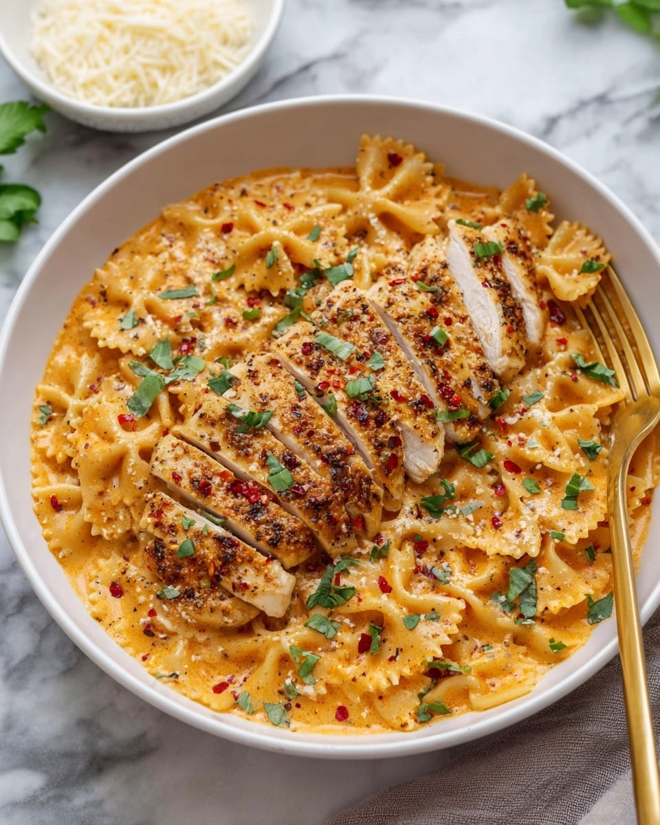 A white bowl sits on a white marbled surface filled with creamy orange-colored sauce pasta made from farfalle noodles. On top, there are several slices of golden-brown, breaded chicken arranged in a fanned-out style across the pasta. The dish is sprinkled with red chili flakes, grated cheese, and fresh green herb leaves for garnish. A gold fork is placed inside the bowl on the right side. Photo taken with an iphone --ar 4:5 --v 7