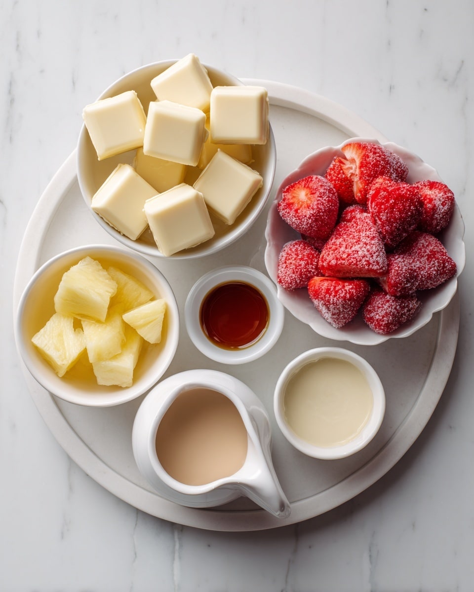 A round white wire tray holds five small white bowls arranged in a circle on a white marbled surface. The top bowl contains six pieces of pale creamy yellow white chocolate squares. To the right, a scalloped white bowl is filled with bright red frozen strawberries with frosty texture. Below it, a small white jug has smooth, light beige coconut milk. In the bottom left, a small round white bowl holds chunks of yellow pineapple. Above it, a tiny oval white bowl contains a small amount of brown vanilla extract, all with soft natural light and a clean, minimal background. photo taken with an iphone --ar 4:5 --v 7